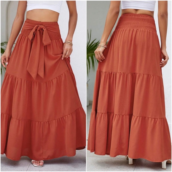 Boho High Waisted Front tie Ruffle flowy Maxi Skirt - Picture 4 of 9